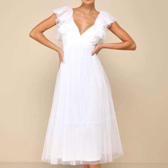 Lulus Perfect Invite White Swiss Dot Tie-back Midi Dress - Size XS - Picture 1 of 1